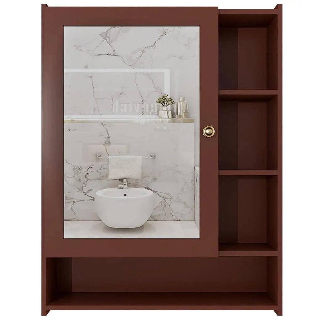 Spacious Dressing Bathroom Mirror Cabinet with 6 Shelves with Wooden Brown Finish - Decor Mantra 