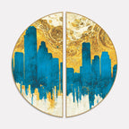 Spectacular Teal and Golden Abstract Cityscape Semi Circle Frames Set Of 2 Decor Mantra