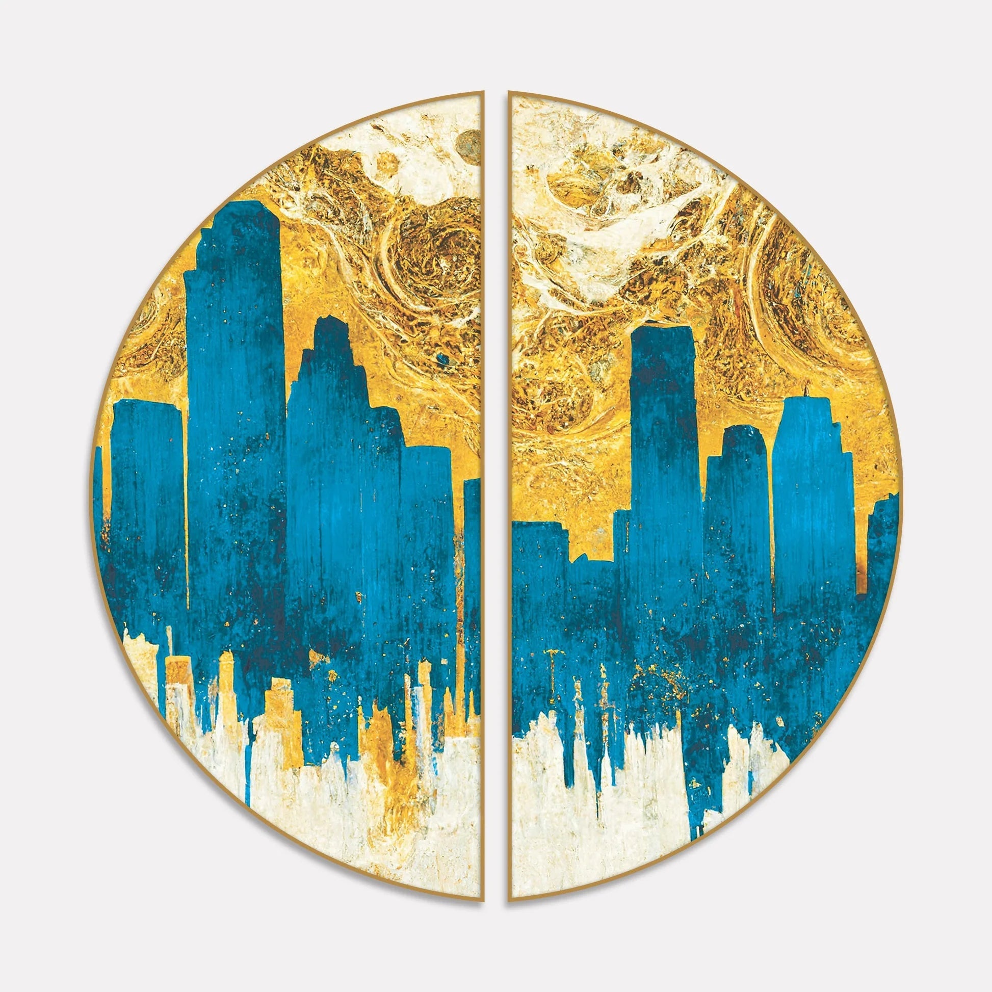 Spectacular Teal and Golden Abstract Cityscape Semi Circle Frames Set Of 2 Decor Mantra