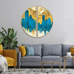 Spectacular Teal and Golden Abstract Cityscape Semi Circle Frames Set Of 2 Decor Mantra
