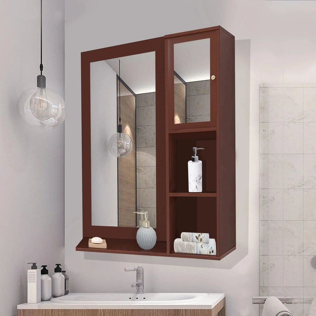Structured Wooden Bathroom Cabinet Mirror with 4 Spacious Shelves with Solid Brown Finish - Decor Mantra 