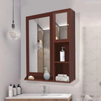 Structured Wooden Bathroom Cabinet Mirror with 4 Spacious Shelves with Solid Brown Finish - Decor Mantra 