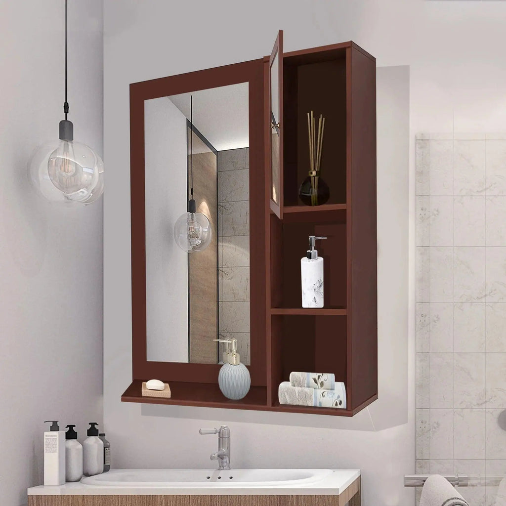 Structured Wooden Bathroom Cabinet Mirror with 4 Spacious Shelves with Solid Brown Finish - Decor Mantra 