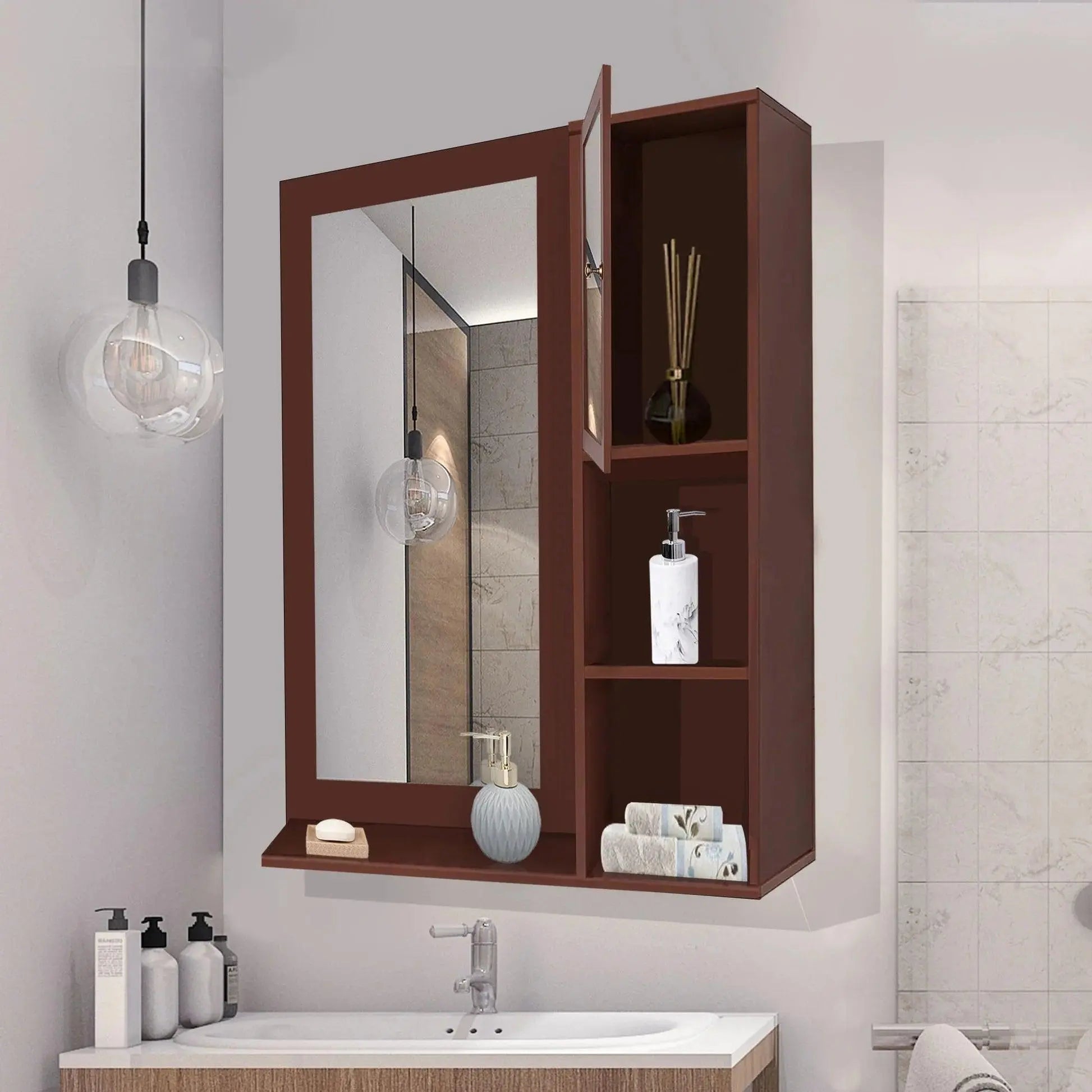 Structured Wooden Bathroom Cabinet Mirror with 4 Spacious Shelves with Solid Brown Finish - Decor Mantra 