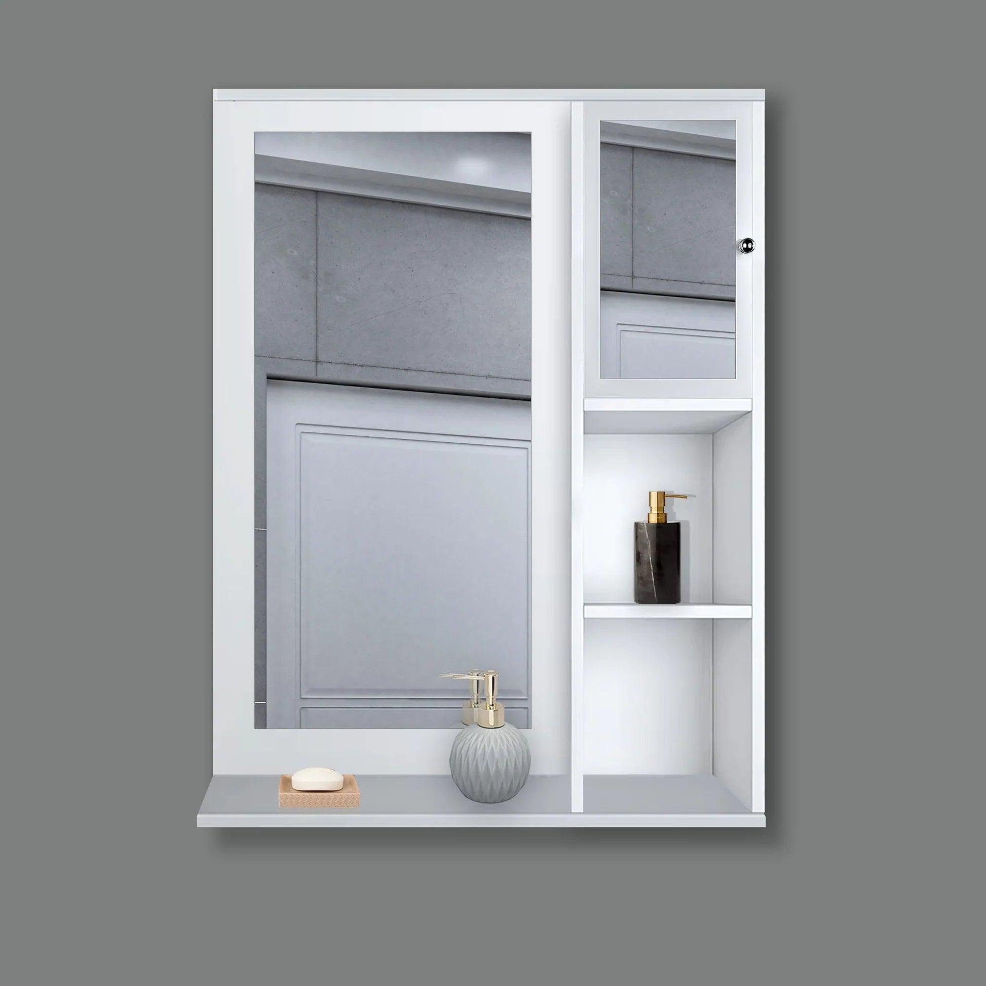 Structured Wooden Bathroom Cabinet Mirror with 4 Spacious Shelves with White Finish - Decor Mantra 