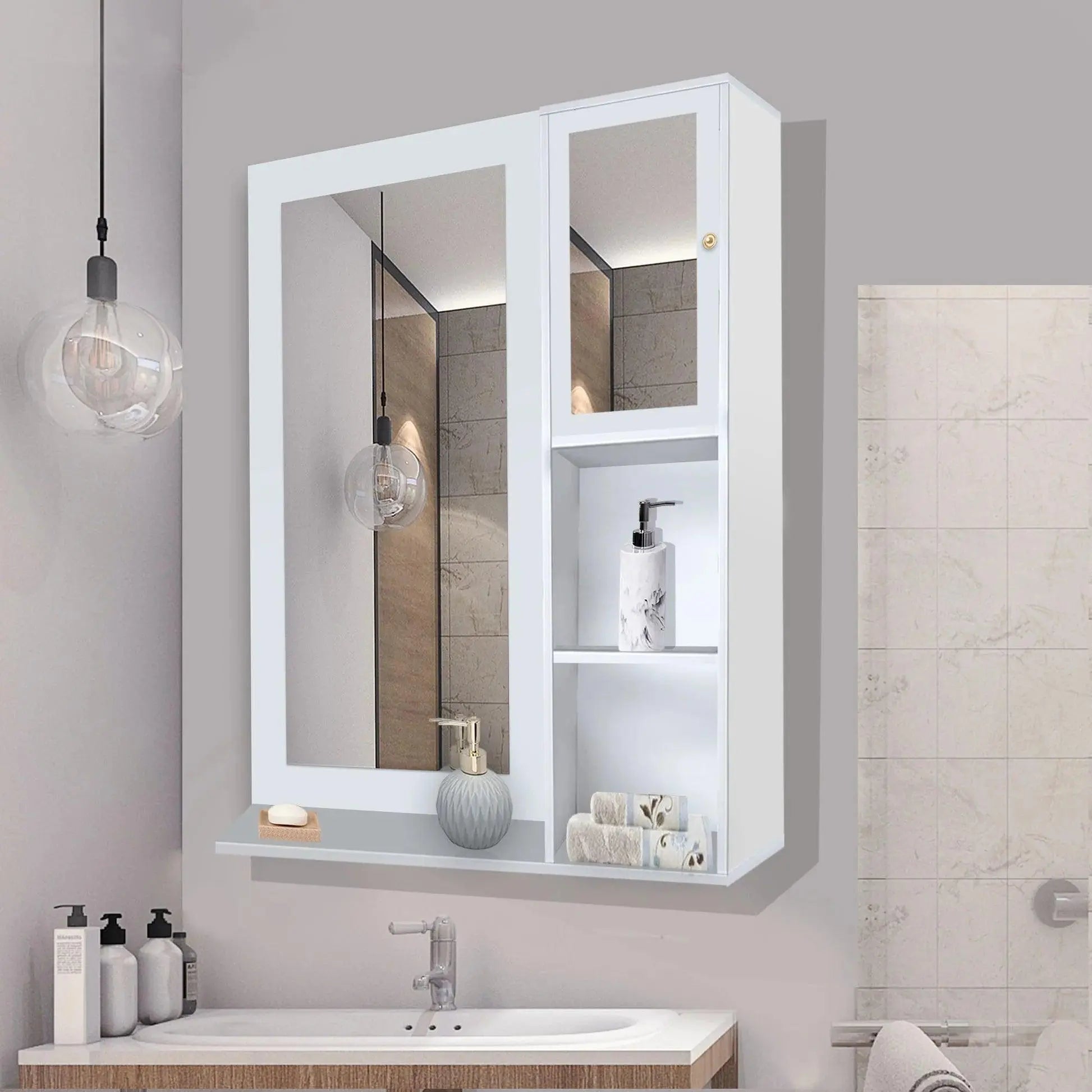 Structured Wooden Bathroom Cabinet Mirror with 4 Spacious Shelves with White Finish - Decor Mantra 