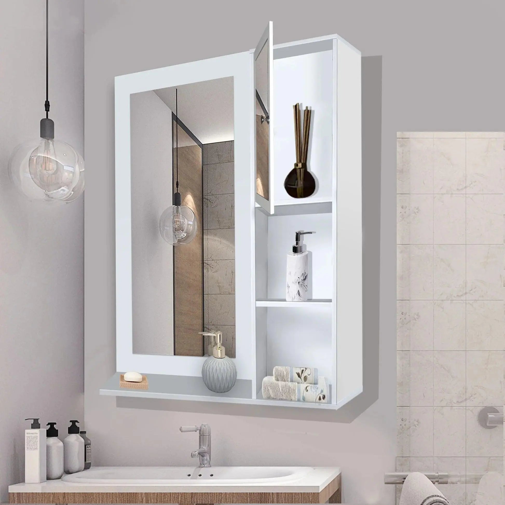 Structured Wooden Bathroom Cabinet Mirror with 4 Spacious Shelves with White Finish - Decor Mantra 