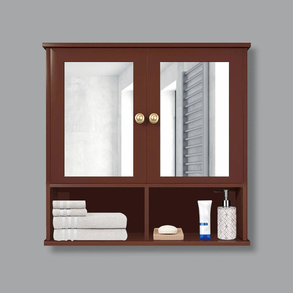 Sturdy Wooden Bathroom Storage Cabinet with Mirrors & 4 Spacious Shelves with Solid Brown Finish - Decor Mantra 