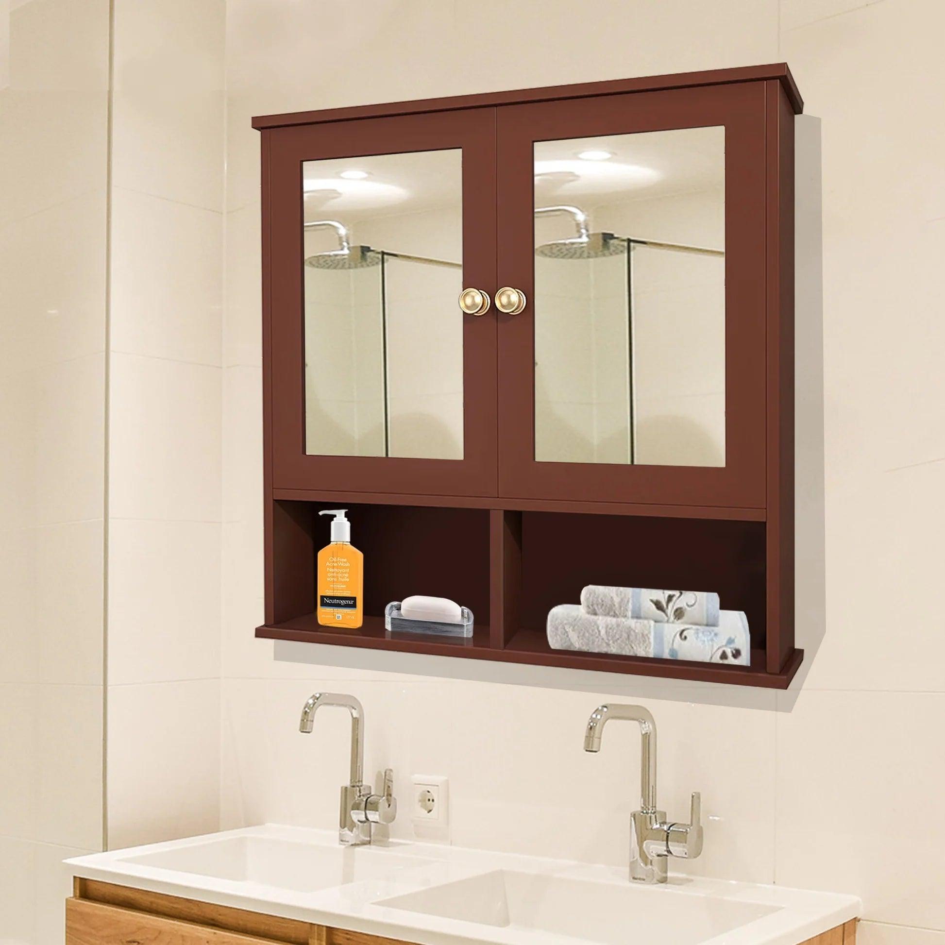 Sturdy Wooden Bathroom Storage Cabinet with Mirrors & 4 Spacious Shelves with Solid Brown Finish - Decor Mantra 