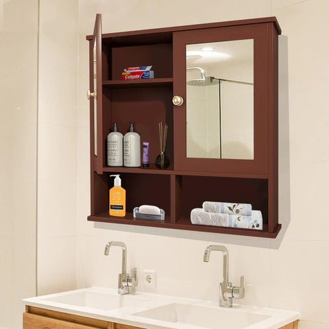 Sturdy Wooden Bathroom Storage Cabinet with Mirrors & 4 Spacious Shelves with Solid Brown Finish - Decor Mantra 