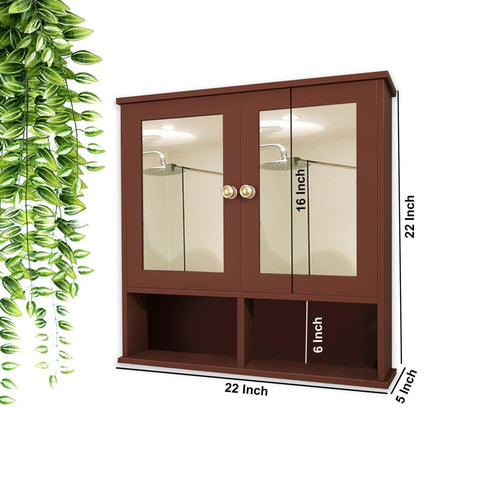 Sturdy Wooden Bathroom Storage Cabinet with Mirrors & 4 Spacious Shelves with Solid Brown Finish - Decor Mantra 