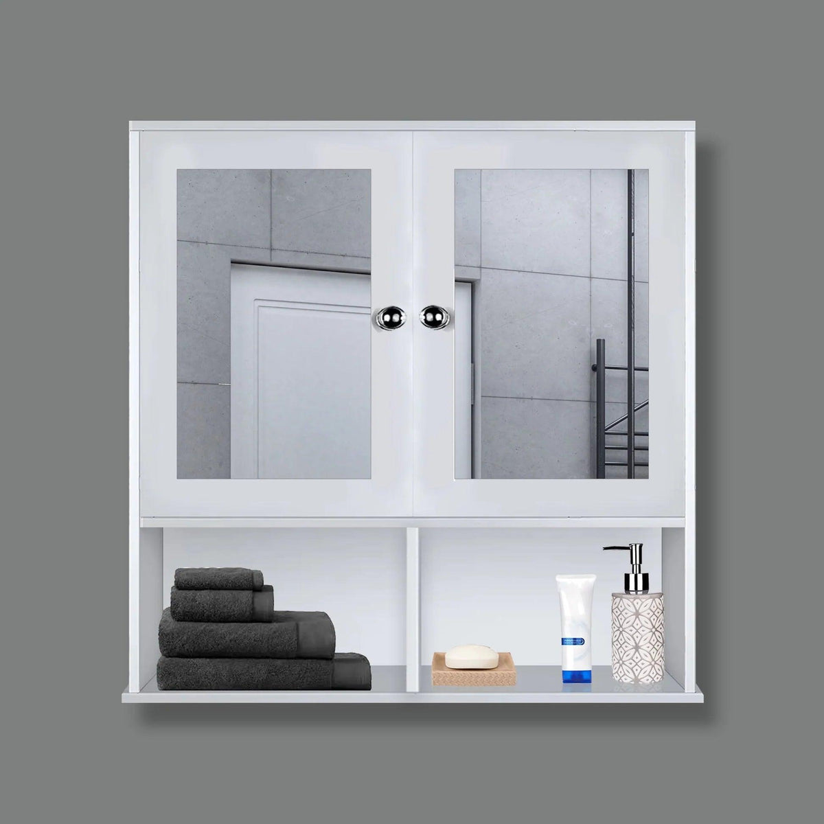 Sturdy Wooden Bathroom Storage Cabinet with Mirrors & 4 Spacious Shelves with White Finish - Decor Mantra 