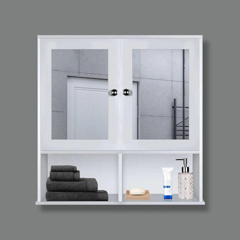 Sturdy Wooden Bathroom Storage Cabinet with Mirrors & 4 Spacious Shelves with White Finish - Decor Mantra 
