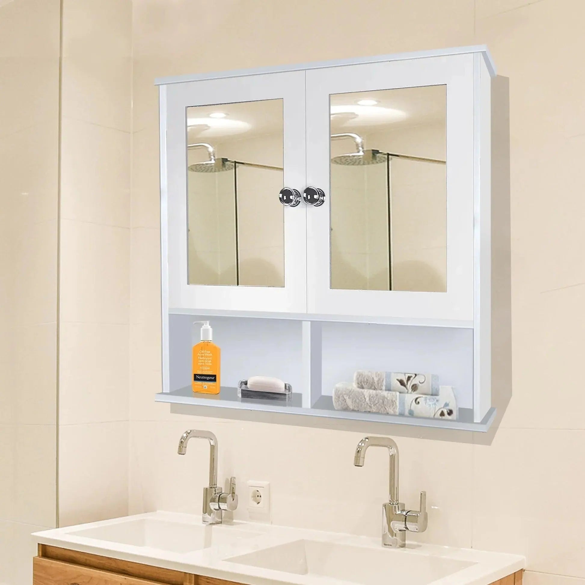 Sturdy Wooden Bathroom Storage Cabinet with Mirrors & 4 Spacious Shelves with White Finish - Decor Mantra 