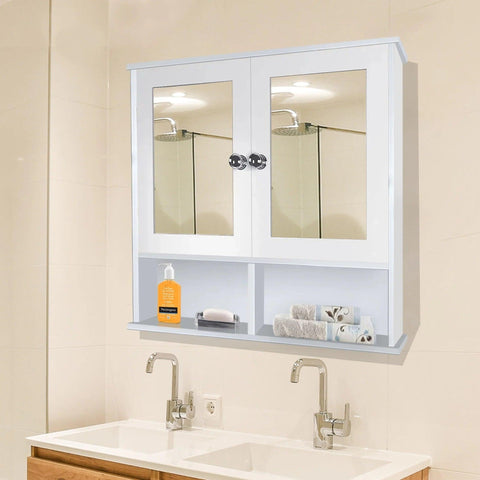 Sturdy Wooden Bathroom Storage Cabinet with Mirrors & 4 Spacious Shelves with White Finish - Decor Mantra 