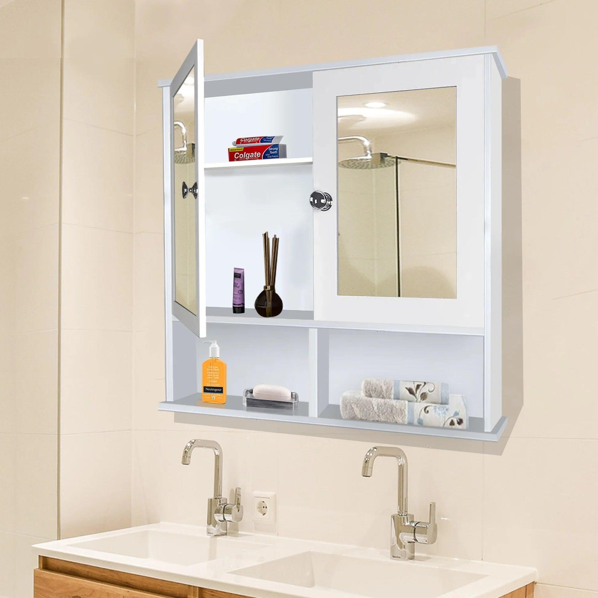 Sturdy Wooden Bathroom Storage Cabinet with Mirrors & 4 Spacious Shelves with White Finish - Decor Mantra 