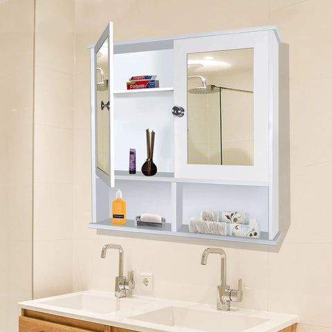 Sturdy Wooden Bathroom Storage Cabinet with Mirrors & 4 Spacious Shelves with White Finish - Decor Mantra 