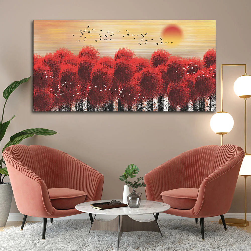 Sunset With Red Tree Premium Canvas Wall Painting DECORMANTRA