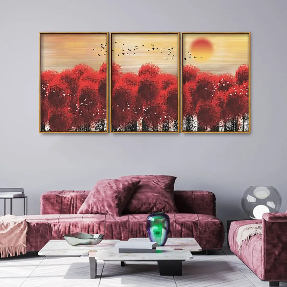 Sunset with Red Tree Premium Floating Canvas Wall Painting Set of Three Decor Mantra