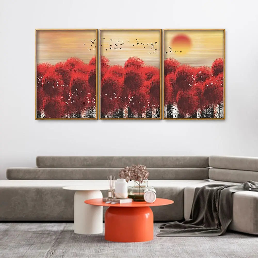 Sunset with Red Tree Premium Floating Canvas Wall Painting Set of Three DECORMANTRA