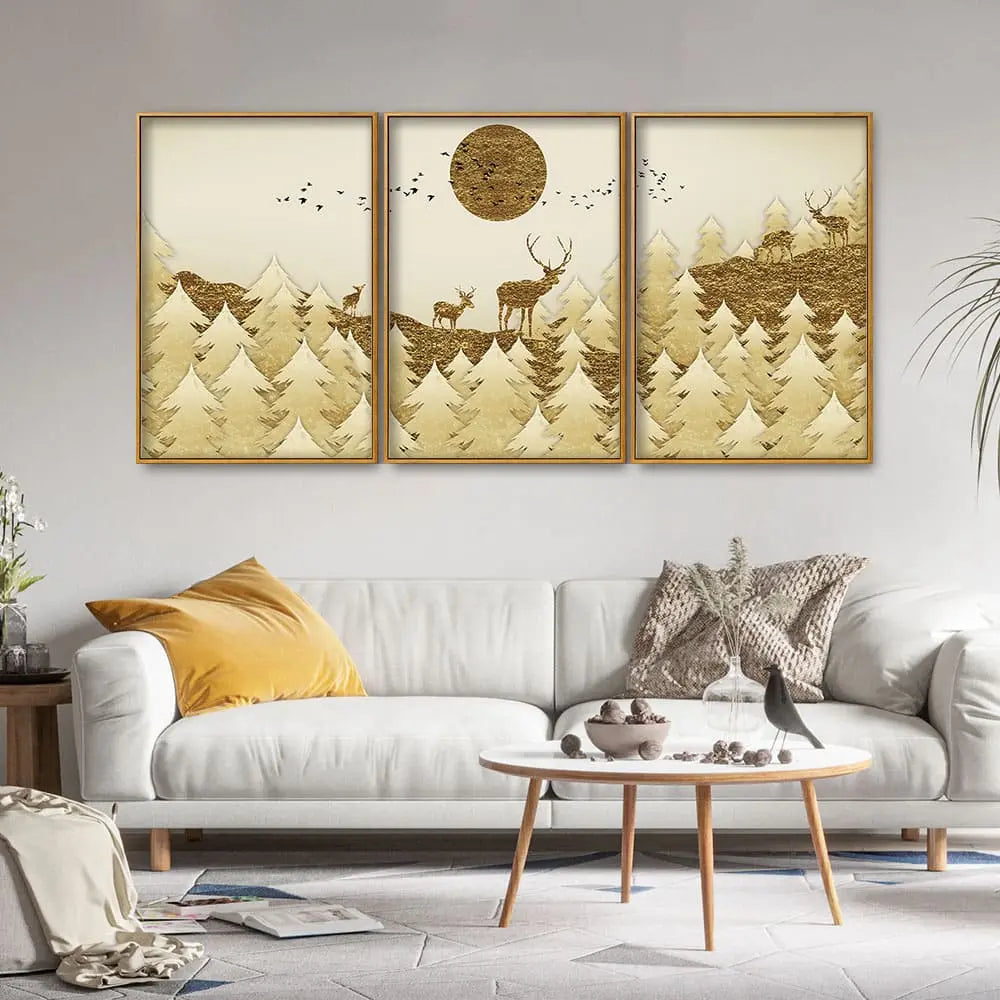 Swamp Deer in Forest Premium Floating Canvas Wall Painting Set of Three Decor Mantra