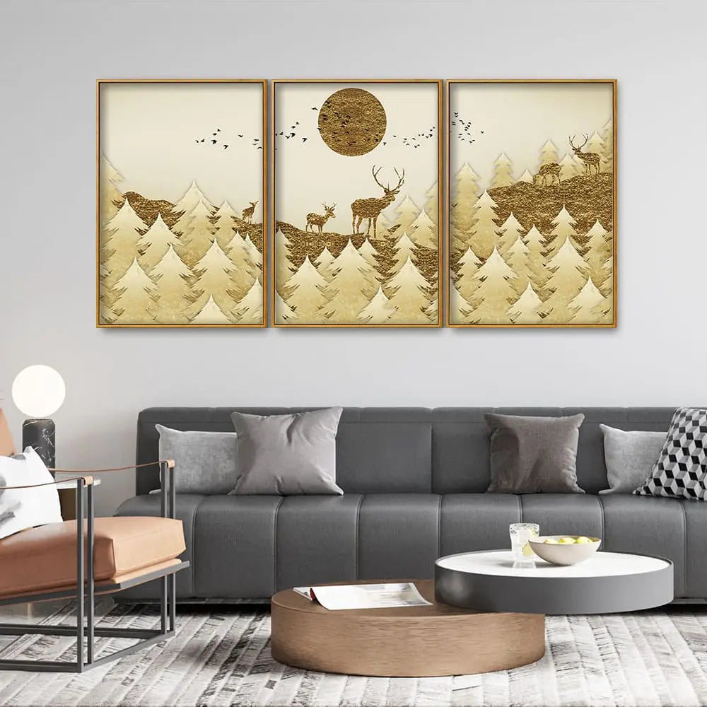 Swamp Deer in Forest Premium Floating Canvas Wall Painting Set of Three Decor Mantra