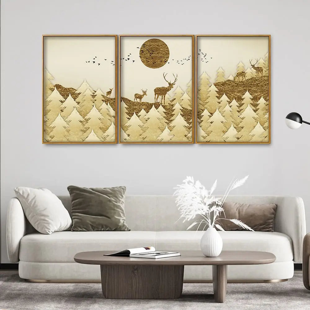 Swamp Deer in Forest Premium Floating Canvas Wall Painting Set of Three DECORMANTRA
