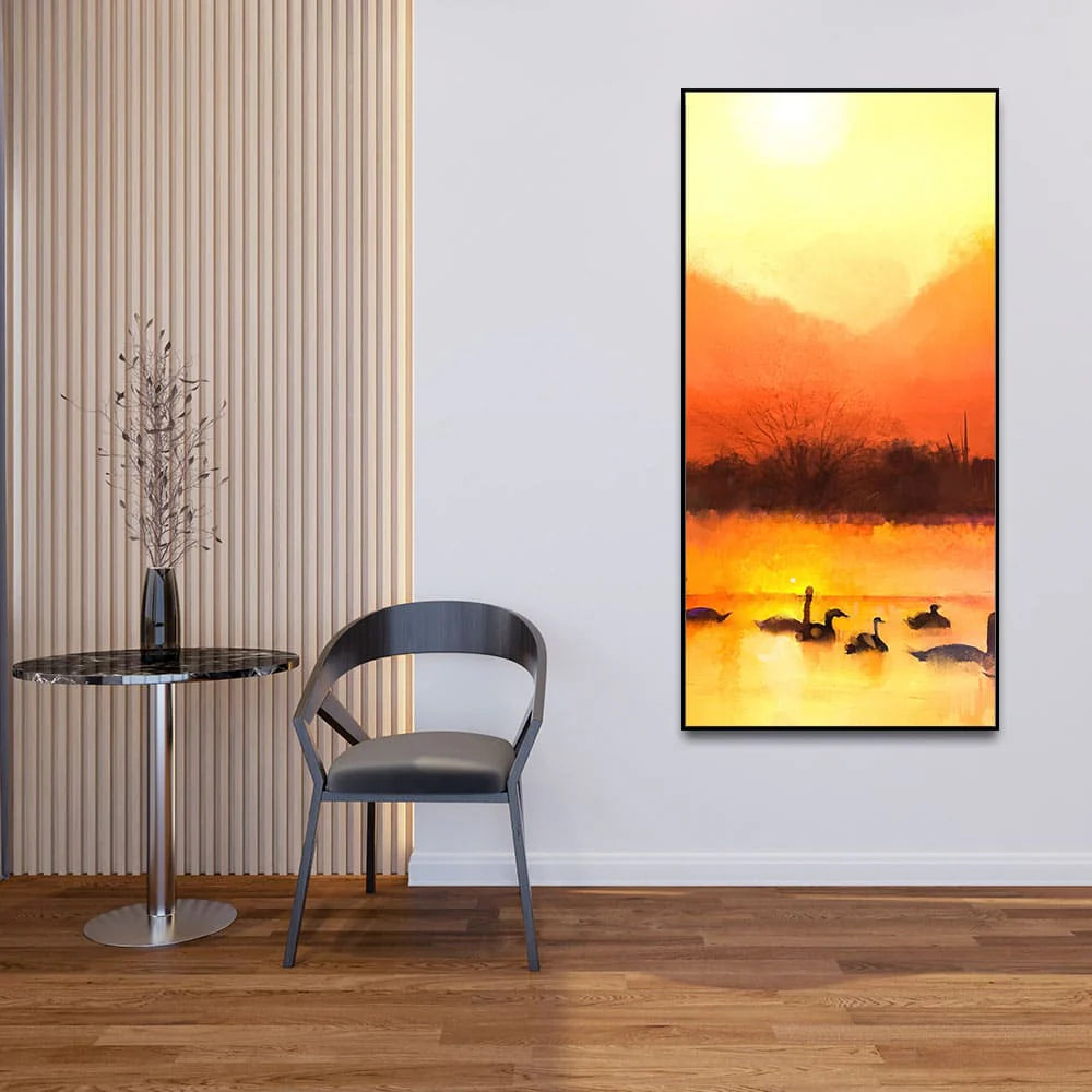 Swans in Lake at Sunset Canvas Wall Painting DECORMANTRA