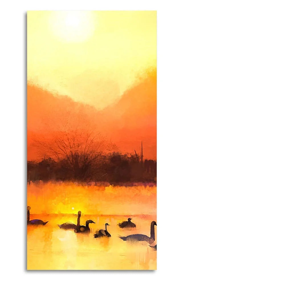 Swans in Lake at Sunset Canvas Wall Painting DECORMANTRA
