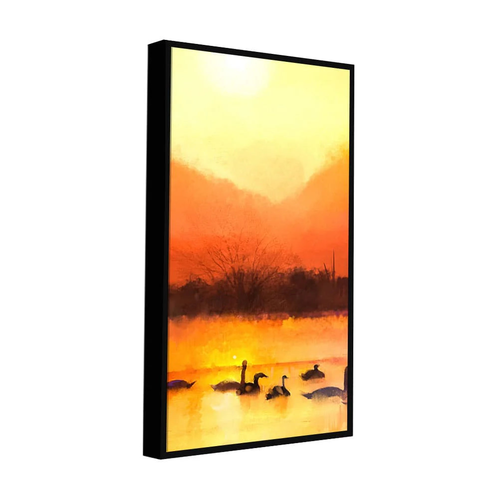 Swans in Lake at Sunset Canvas Wall Painting DECORMANTRA
