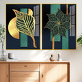 Golden Line Leaves Acrylic Floating Wall Painting Set of 2 - Decor Mantra 