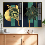 Golden Line Leaves Acrylic Floating Wall Painting Set of 2 - Decor Mantra 