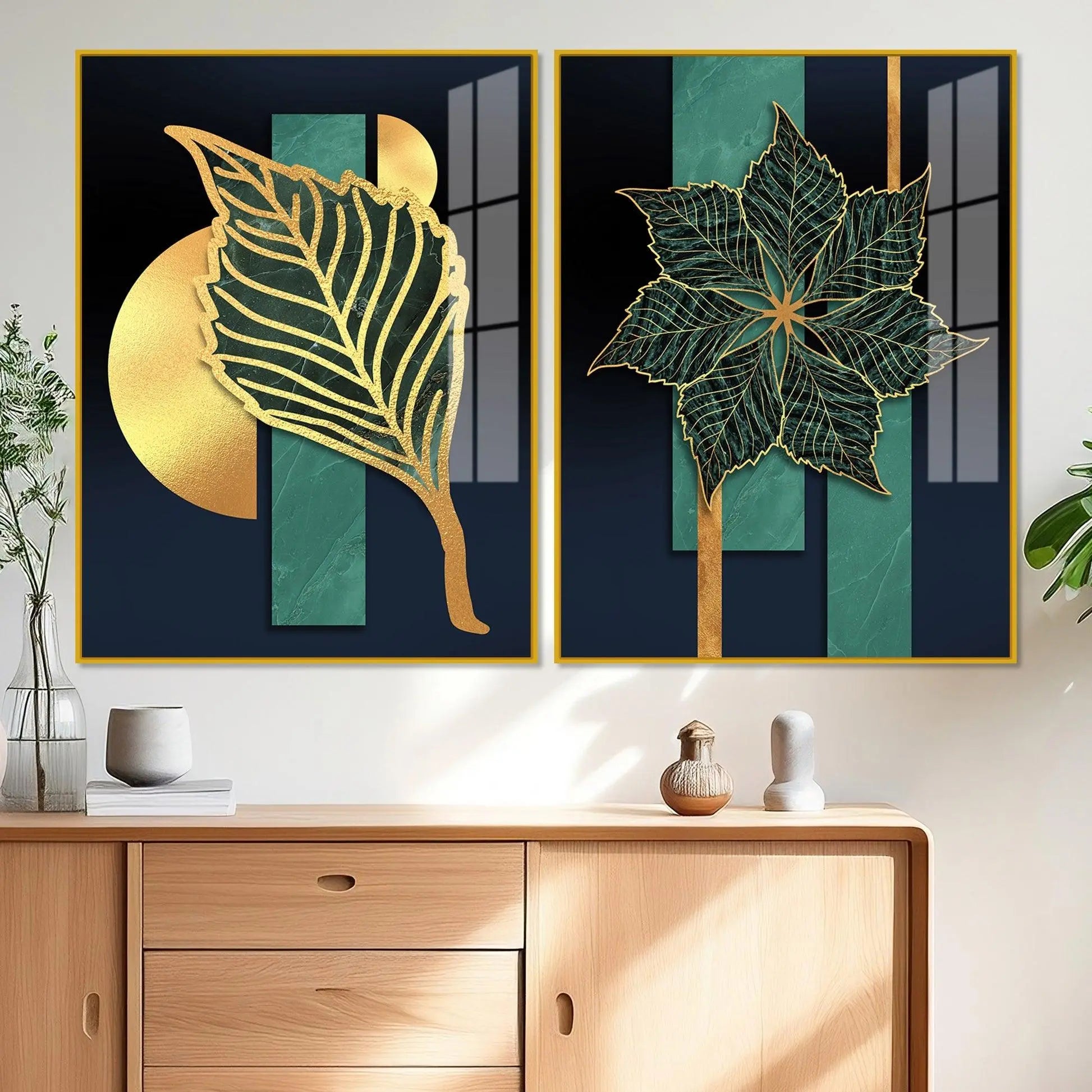 Golden Line Leaves Acrylic Floating Wall Painting Set of 2 - Decor Mantra 