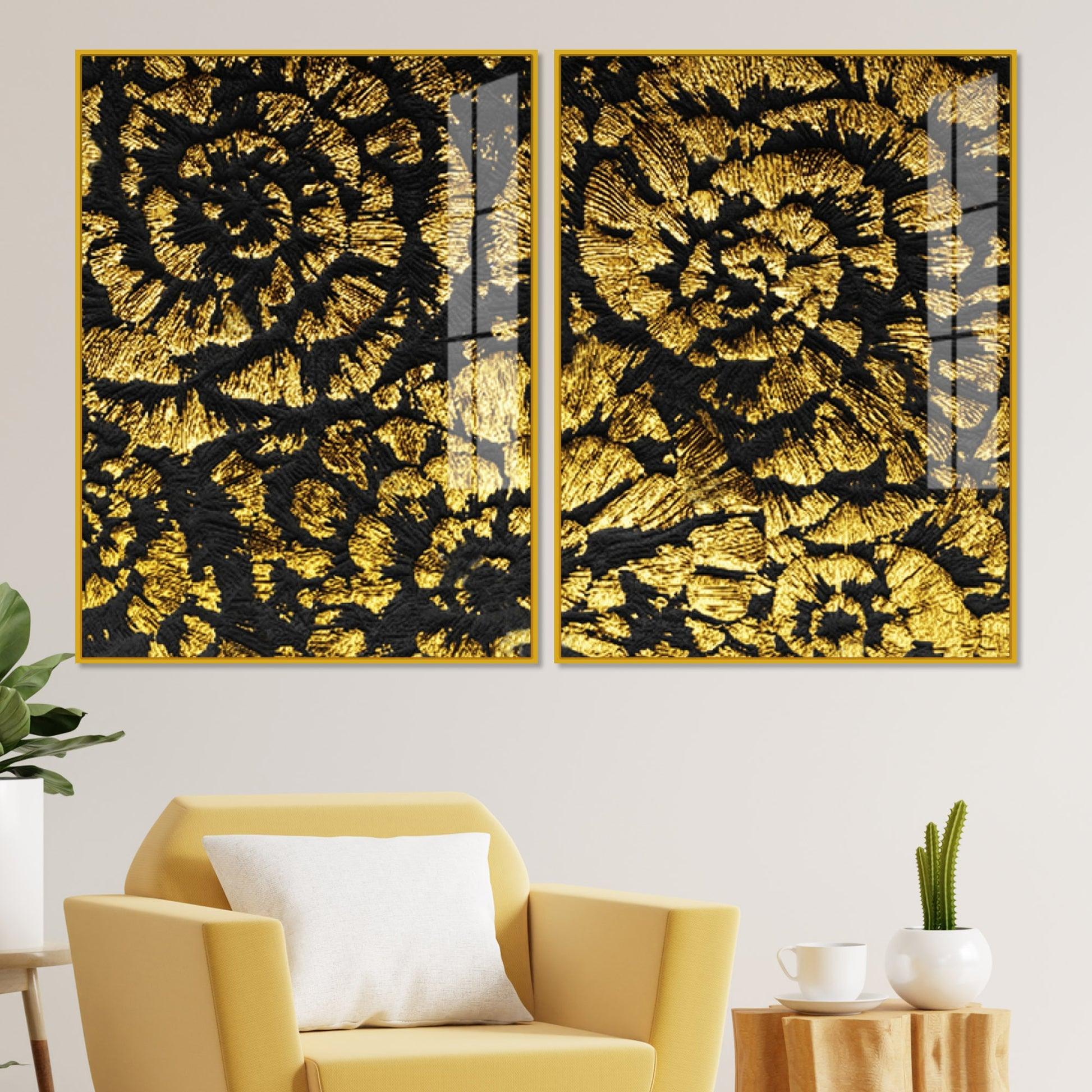 Luxurious Abstract Golden Textural Art Acrylic Floating Wall Painting Set Of 2 - Decor Mantra 