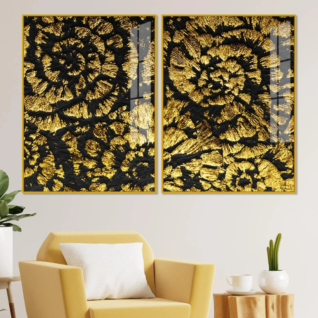 Luxurious Abstract Golden Textural Art Acrylic Floating Wall Painting Set Of 2 - Decor Mantra 