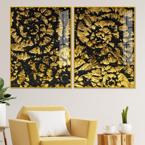 Luxurious Abstract Golden Textural Art Acrylic Floating Wall Painting Set Of 2 - Decor Mantra 