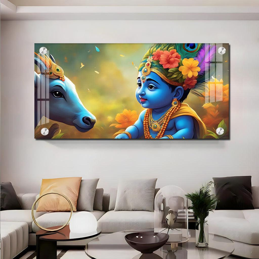 Little Krishna and Cheerful Cow Premium Acrylic Horizontal Wall Art - Decor Mantra 