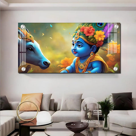 Little Krishna and Cheerful Cow Premium Acrylic Horizontal Wall Art - Decor Mantra 