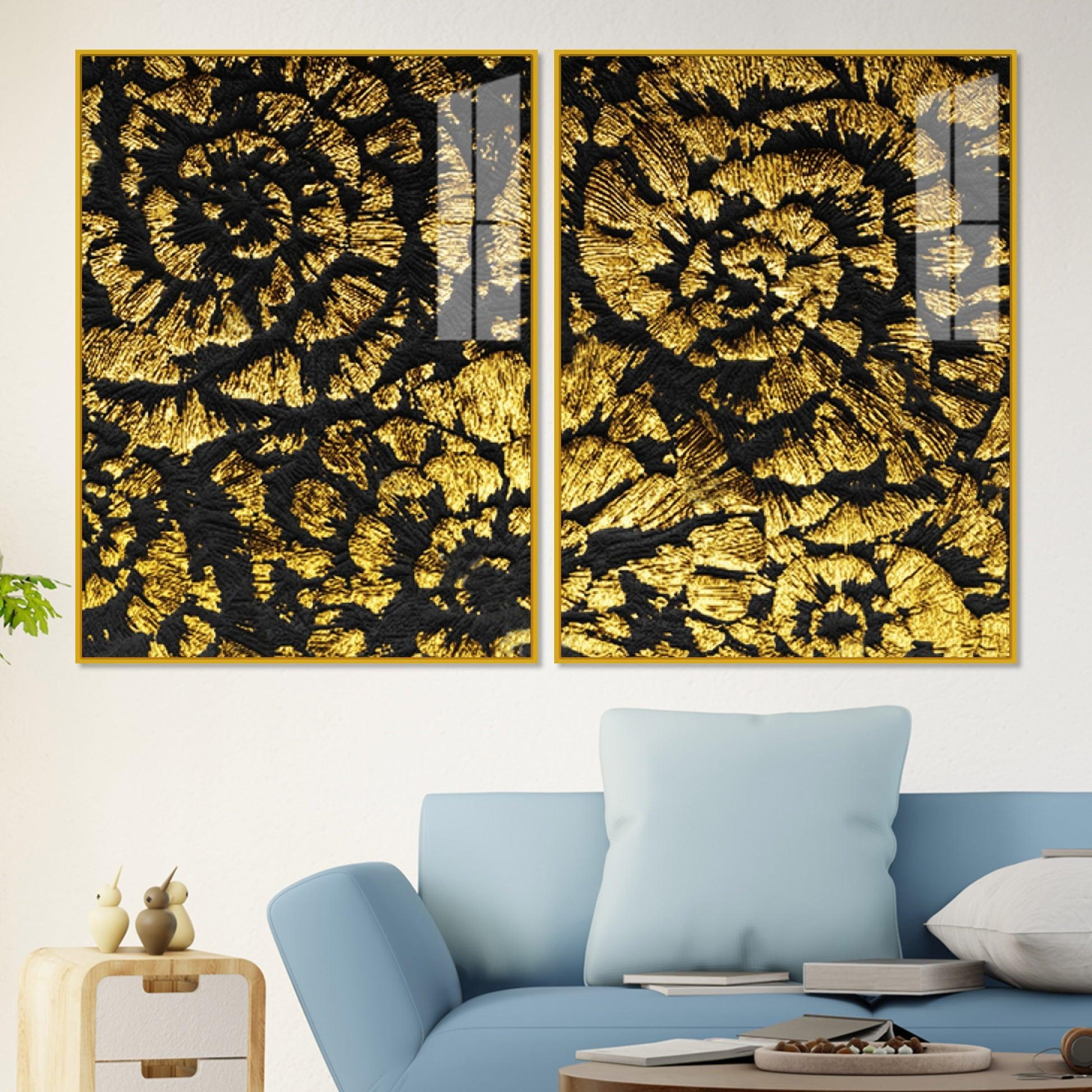 Luxurious Abstract Golden Textural Art Acrylic Floating Wall Painting Set Of 2 - Decor Mantra 
