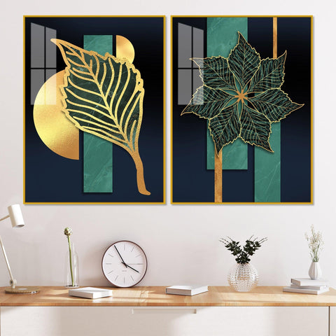Detailed Leaves Pattern Acrylic Floating Wall Painting Set of 2 - Decor Mantra 