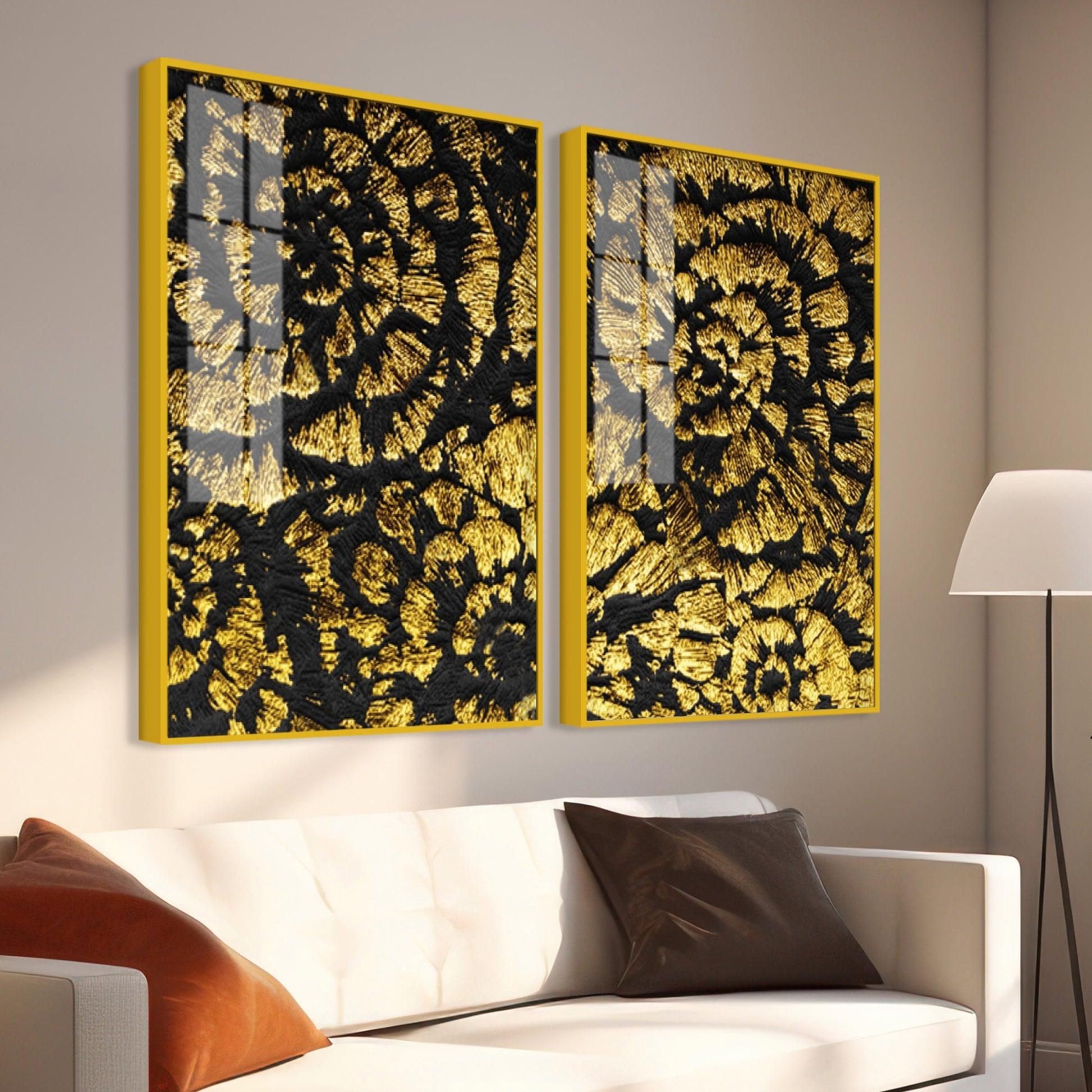 Luxurious Abstract Golden Textural Art Acrylic Floating Wall Painting Set Of 2 - Decor Mantra 
