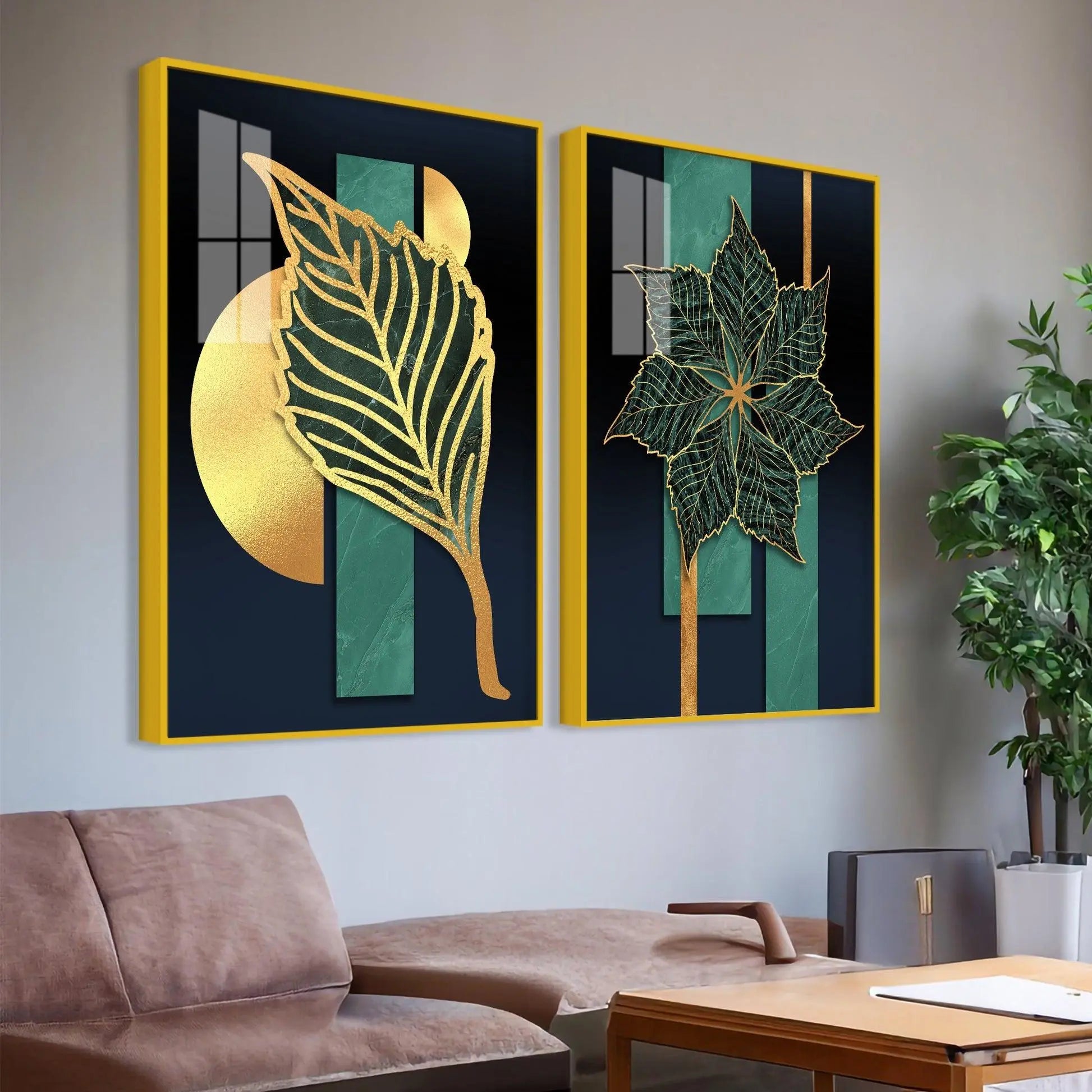 Detailed Leaves Pattern Acrylic Floating Wall Painting Set of 2 - Decor Mantra 