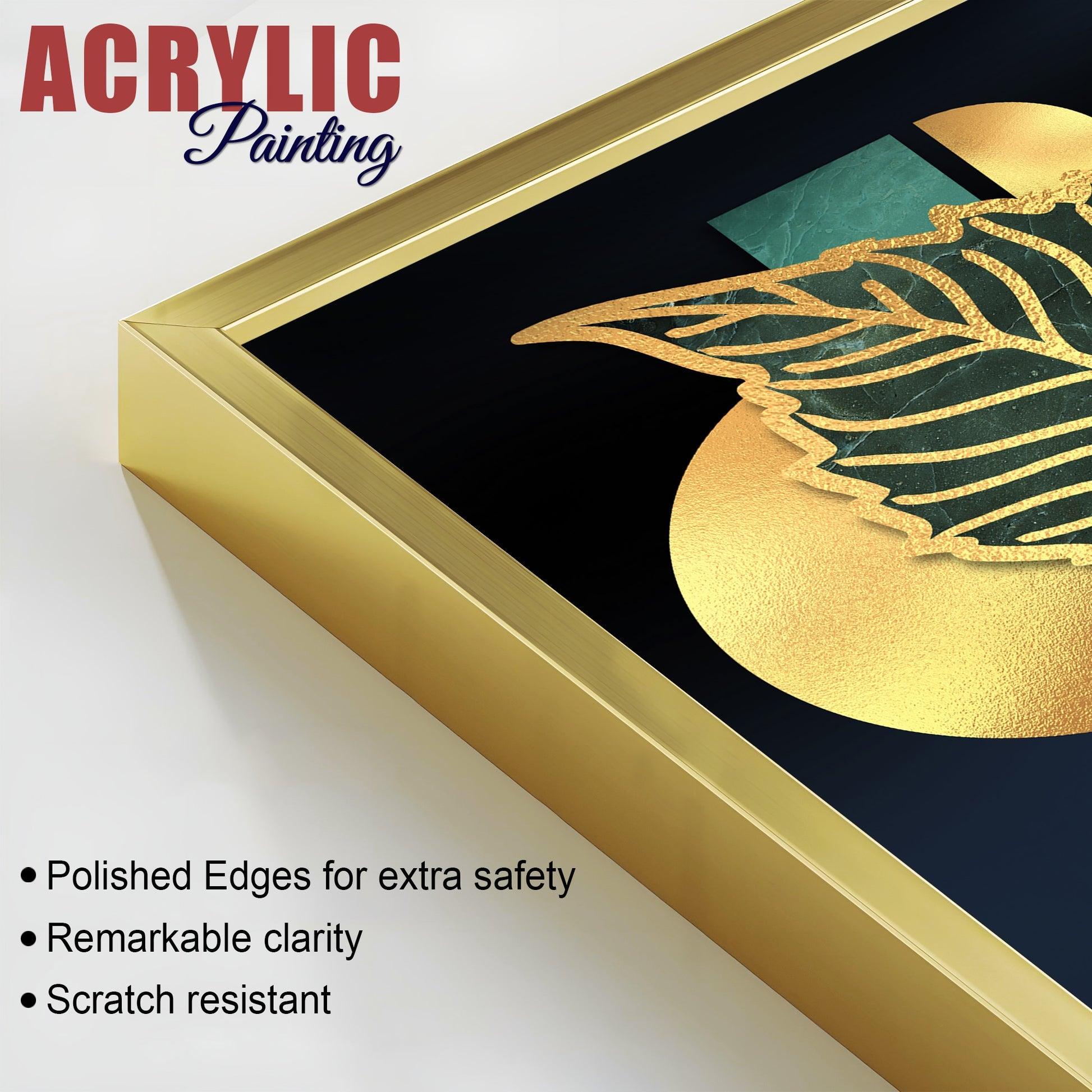 Golden Line Leaves Acrylic Floating Wall Painting Set of 2 - Decor Mantra 