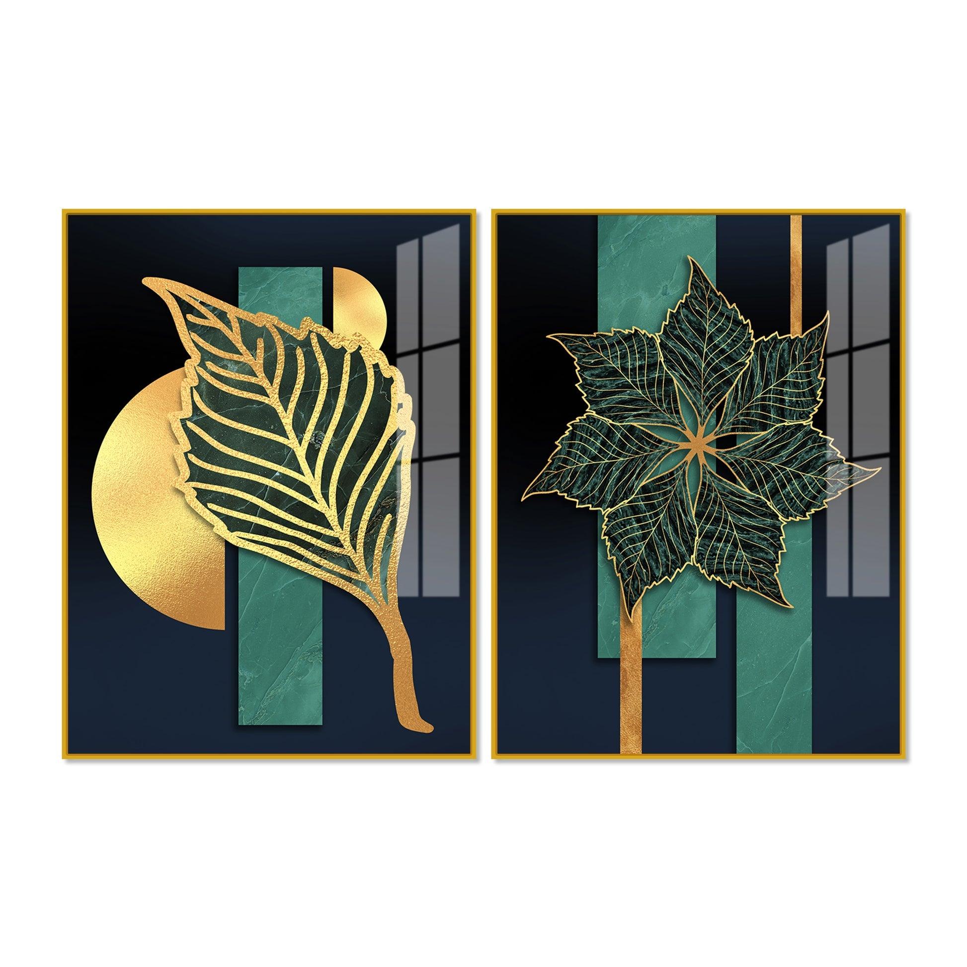 Golden Line Leaves Acrylic Floating Wall Painting Set of 2 - Decor Mantra 