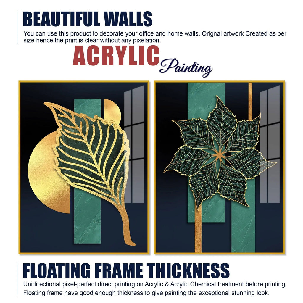 Golden Line Leaves Acrylic Floating Wall Painting Set of 2 - Decor Mantra 