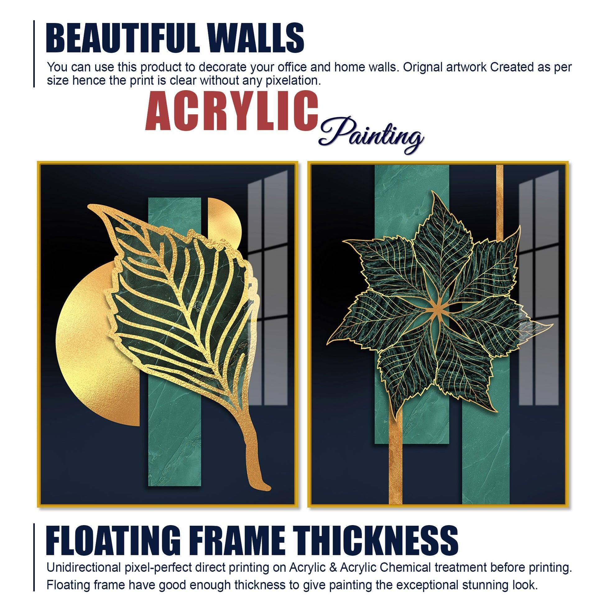 Detailed Leaves Pattern Acrylic Floating Wall Painting Set of 2 - Decor Mantra 