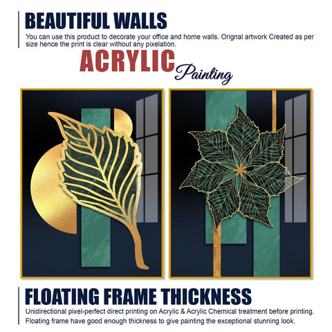 Detailed Leaves Pattern Acrylic Floating Wall Painting Set of 2 - Decor Mantra 