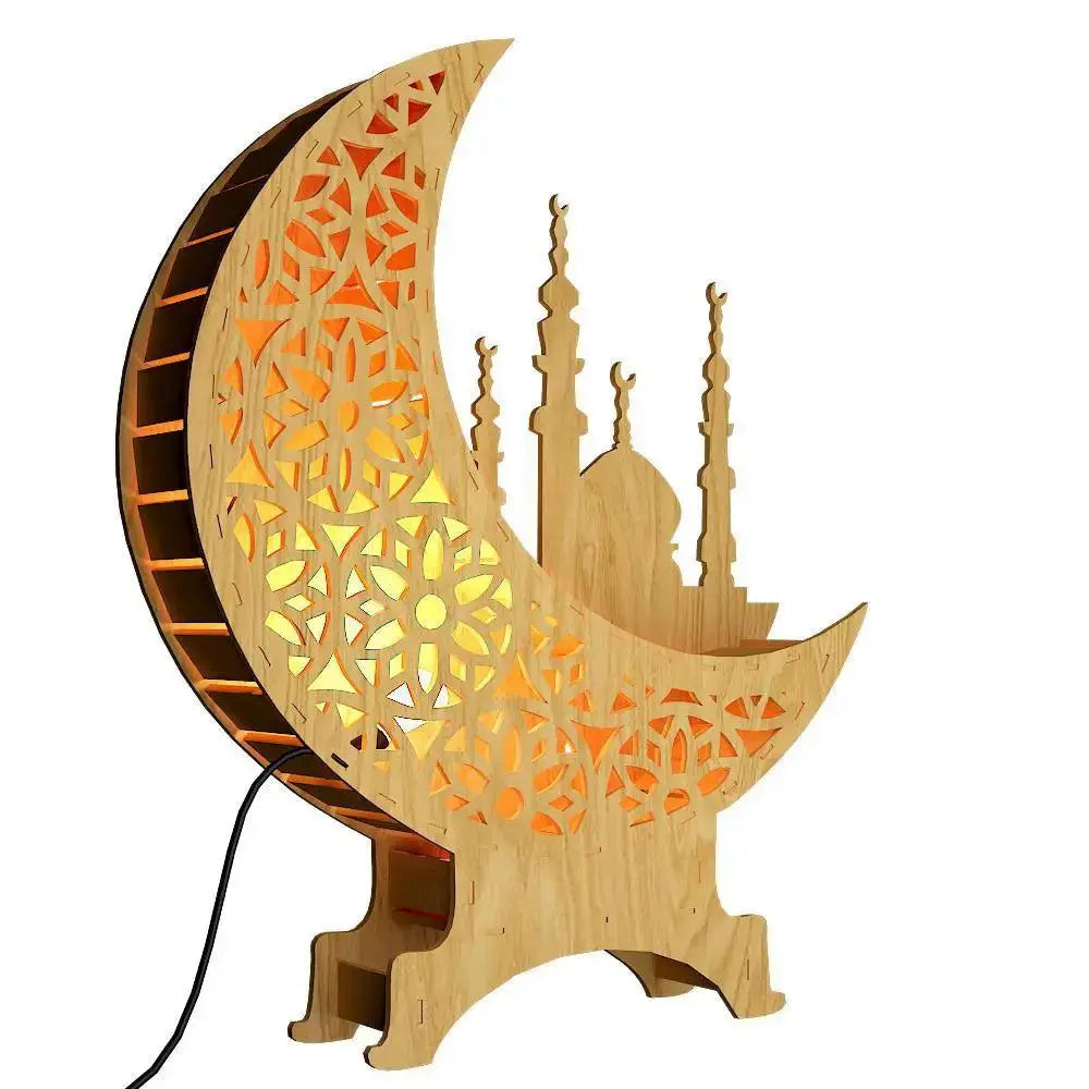 Wooden Table Light with Moon Shape and Mosque Design - Decor Mantra 