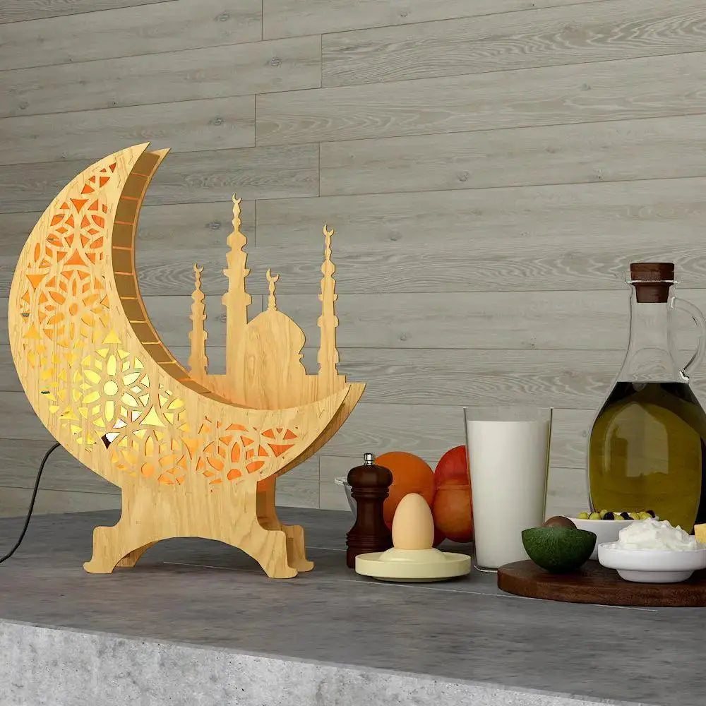 Wooden Table Light with Moon Shape and Mosque Design - Decor Mantra 