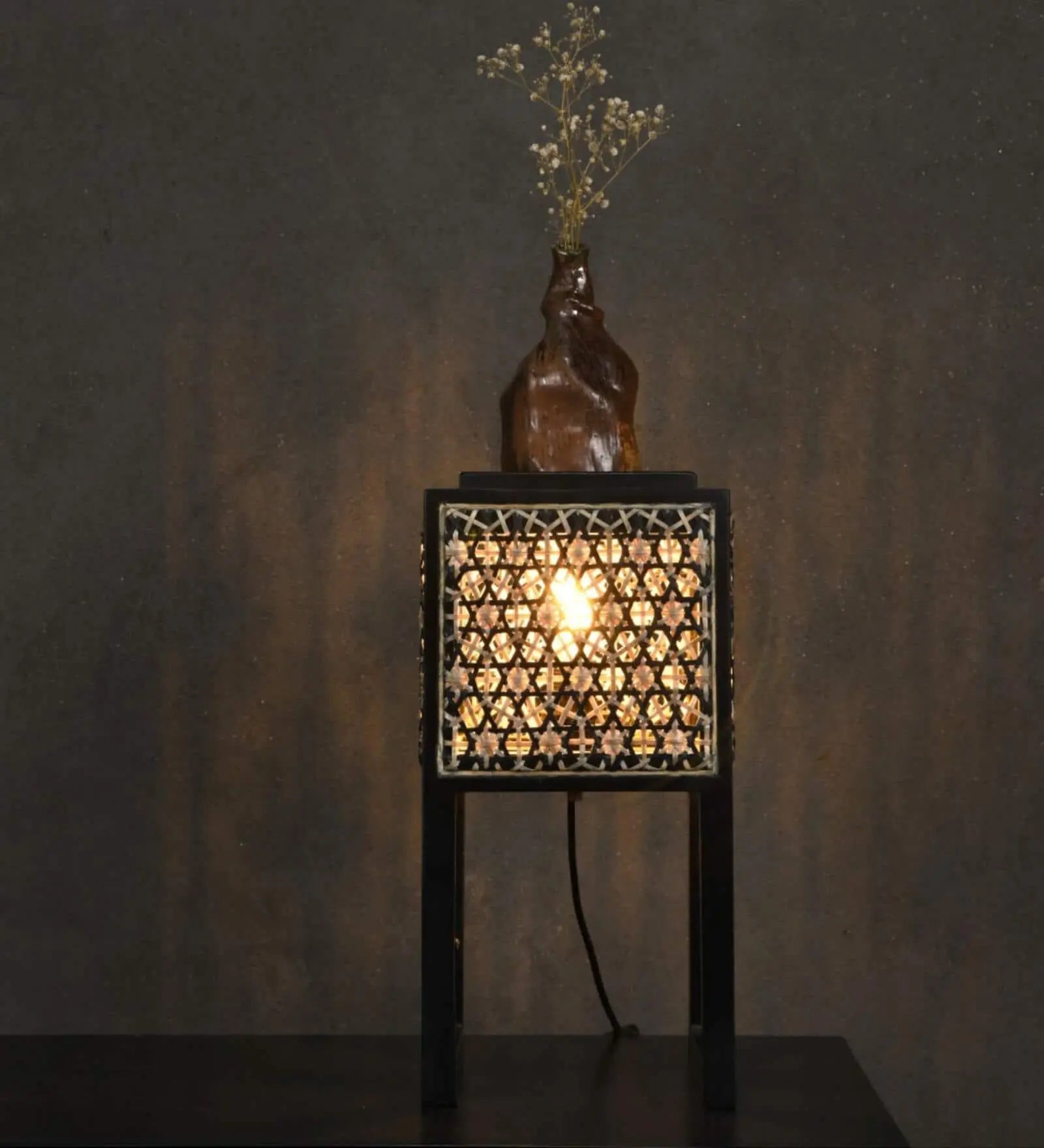 Handcrafted Teak Wood Table Lamp with Black Cane Shade - Decor Mantra 